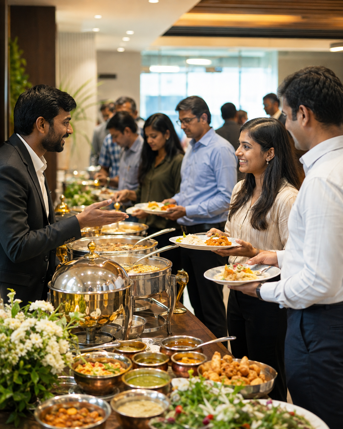 Guests enjoying a catered corporate buffet in Hyderabad