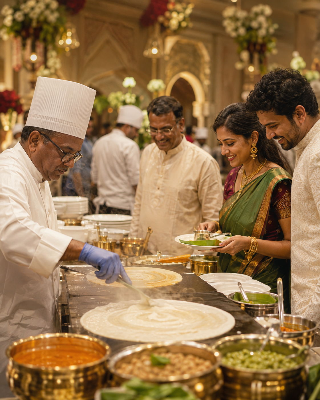 Fresh dosa prepared at a live counter