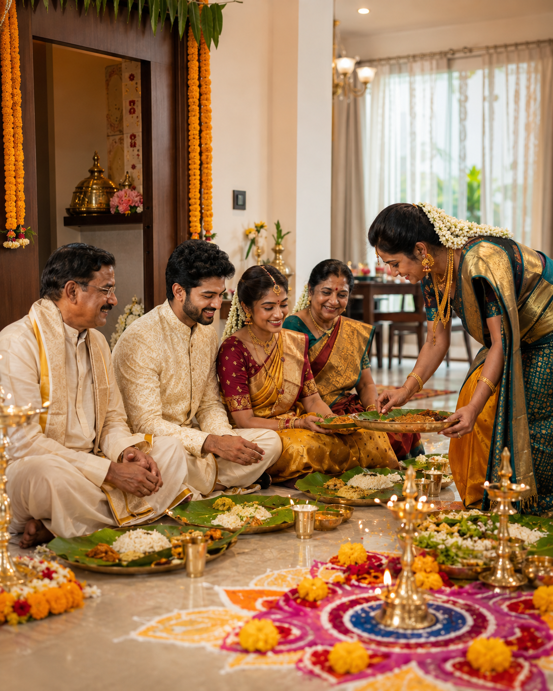 Telugu family sharing a banana-leaf celebration meal