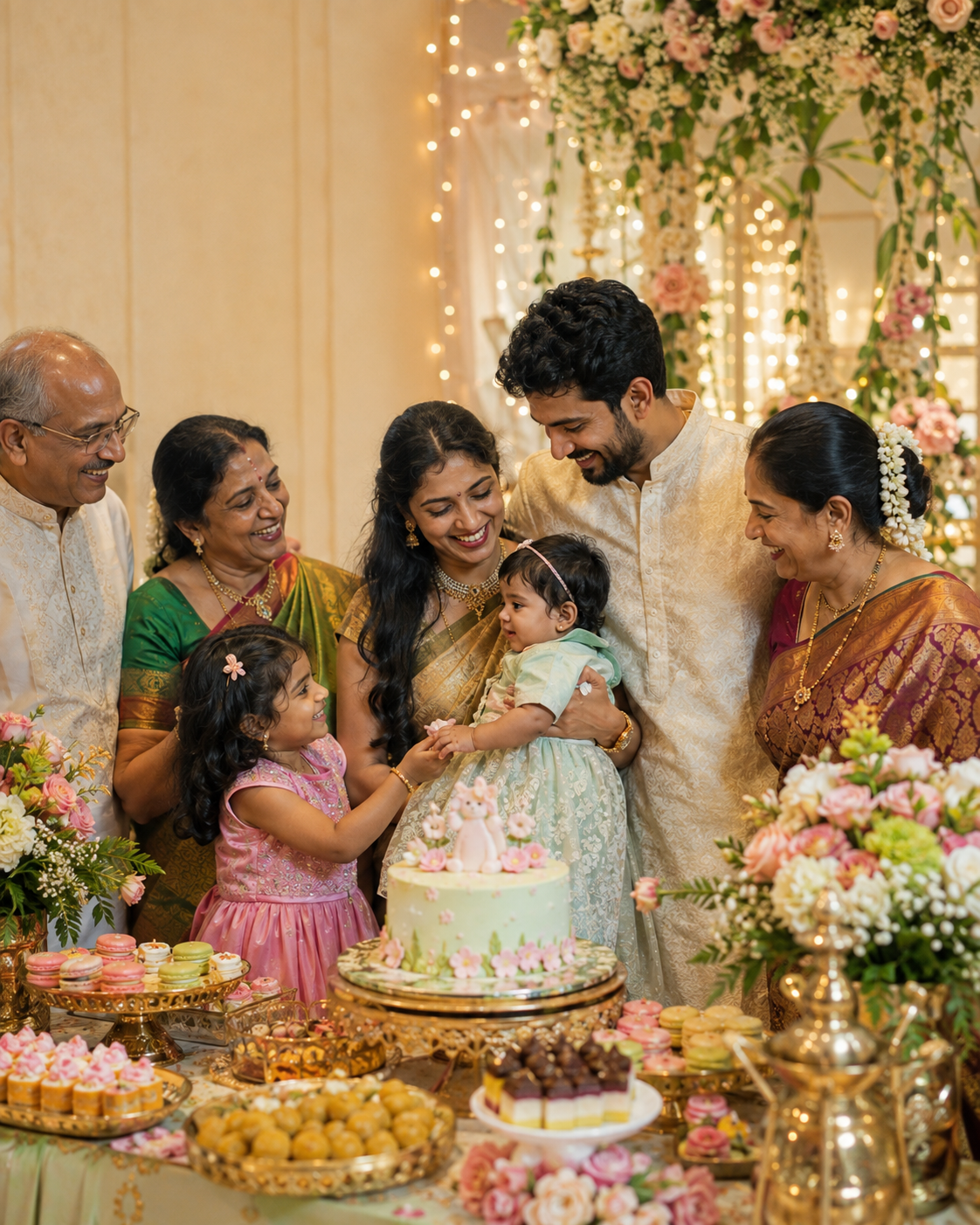 Telugu family gathered around a birthday cake and catered dessert table