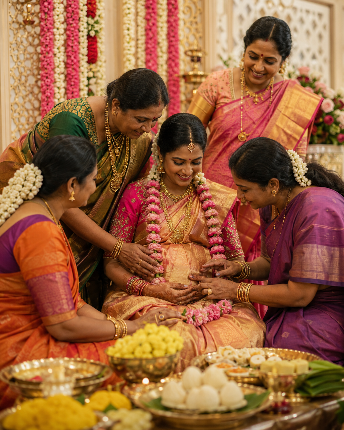 Telugu seemantham celebration with traditional sweets and savouries